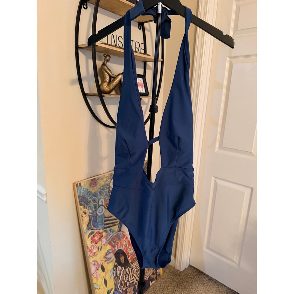 Adore Me Plunge neck blue swim one piece euc L